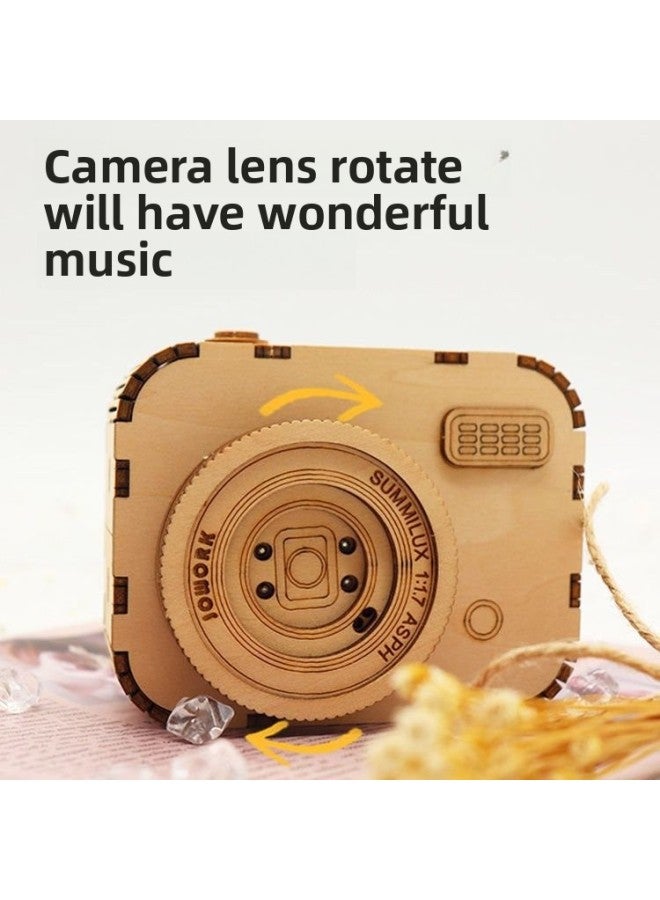 Boys And Girls Tanabata Valentine's Day Hand-operated Diy Hand-made Wooden Assembled Vintage Eight Music Box Birthday Gift-Color:W18-05 Camera Music Box + Gift Bag - Image 3