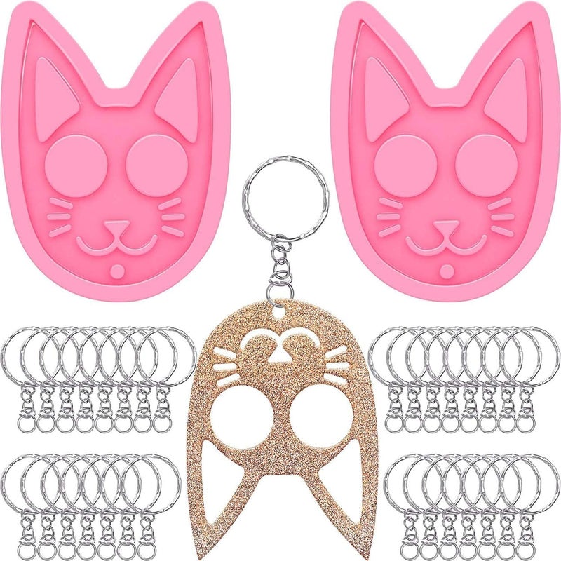 2 Pcs Cat Keychain Silicone Mold with Keyrings, Keychain Epoxy Resin Casting Mold with 30 Pcs Key Rings for Diy Jewelry Making Keychain Pendant Pet Tag - Image 1