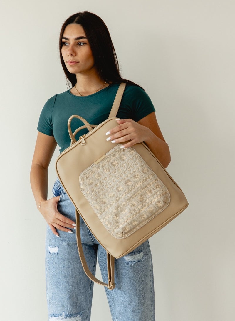 Pavo Laptop Beige with Beige embroideries fabric Backpack/Cross