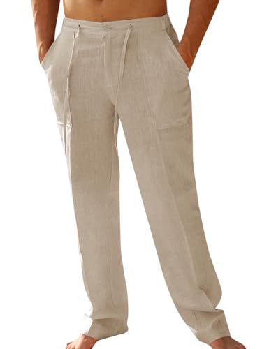 PASLTER Mens Casual Linen Pants Loose Fit Elastic Drawstring Waist Straight-Legs Summer Yoga Beach Long Pants Apricot - Image 1
