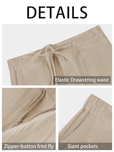 PASLTER Mens Casual Linen Pants Loose Fit Elastic Drawstring Waist Straight-Legs Summer Yoga Beach Long Pants Apricot - Image 4