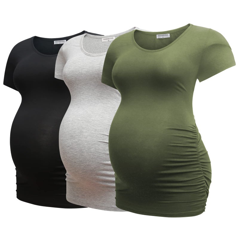 Bearsland Womens Maternity Tshirt 3 Packs Classic Side Ruched Tee Top Mama Pregnancy Clothes,Black+LightGray+ArmyGreen,XL