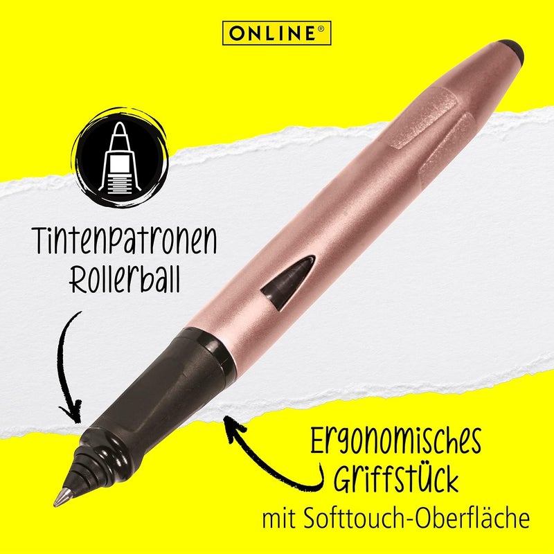 Online Switch Plus Rollerball Pen and Touch Pen for Tablets and Smartphones in One, Multifunctional Pen for Office or Primary School, Standard Ink Cartridges, Rose Gold, Rollerball Tip - Image 2