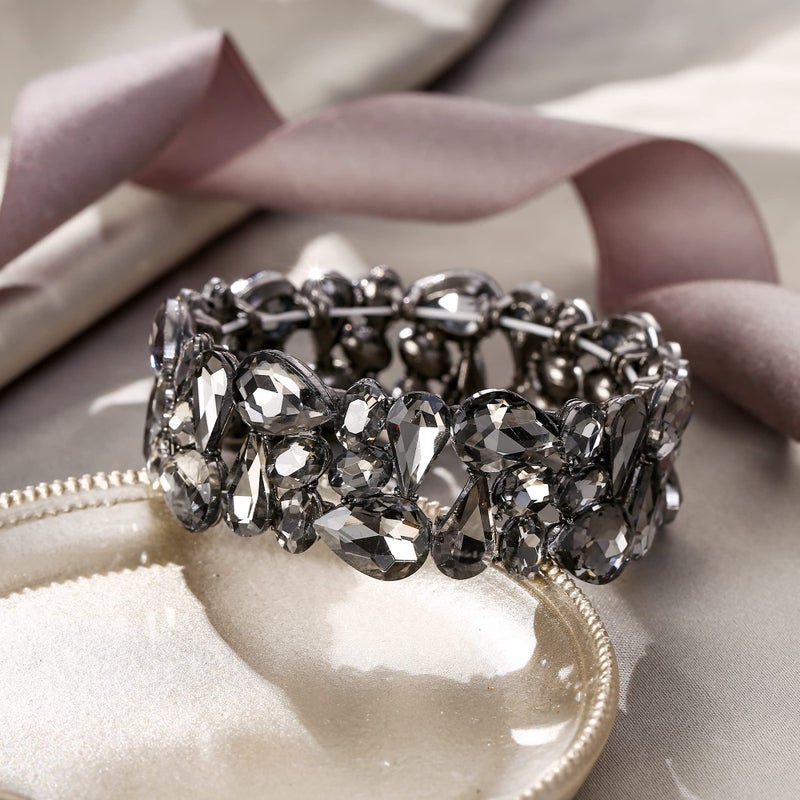 EVER FAITH Rhinestone Crystal Art Deco Costume Jewelry Irregular Oval Teardrop Prom Stretch Bracelet for Women Grey Black-Tone - Image 3