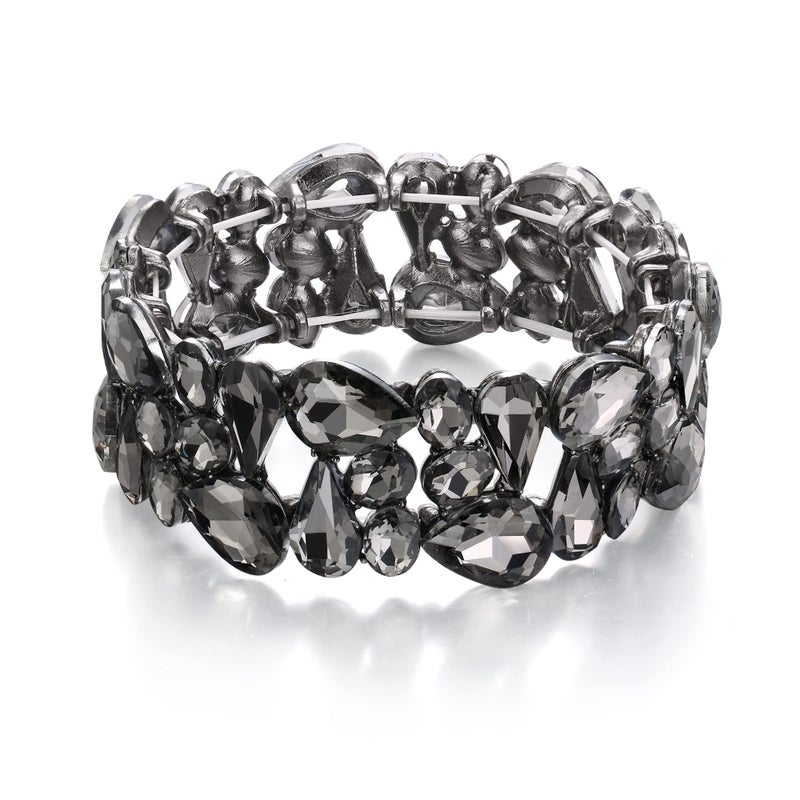 EVER FAITH Rhinestone Crystal Art Deco Costume Jewelry Irregular Oval Teardrop Prom Stretch Bracelet for Women Grey Black-Tone - Image 1