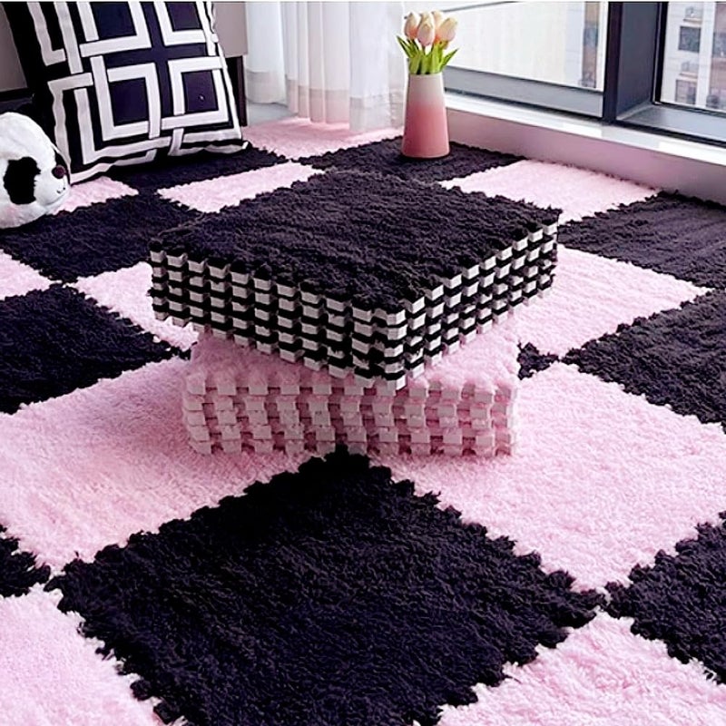 BXEBUI 12pcs Carpet Squares Puzzle Floor Mat, Plush Interlocking Carpet Tiles, Anti Slip EVA Foam Jigsaw Floor Tiles, Build A Safe Area for Bedroom Playroom (Pink+Black) - Image 2