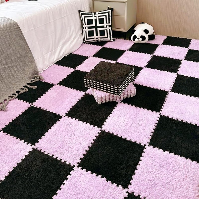 BXEBUI 12pcs Carpet Squares Puzzle Floor Mat, Plush Interlocking Carpet Tiles, Anti Slip EVA Foam Jigsaw Floor Tiles, Build A Safe Area for Bedroom Playroom (Pink+Black) - Image 3