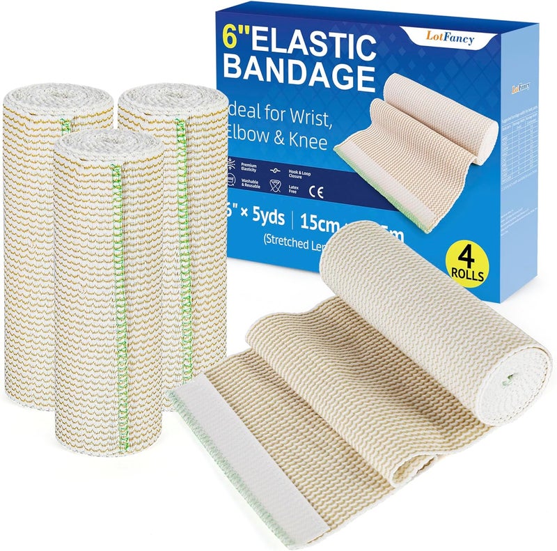 LotFancy Elastic Bandage Wrap 6 Wide x 15 Feet 4 Pack Cotton Compression Bandages with SelfClosure on Both Ends Support  First Aid for Sports Medical Injury Recovery - Image 1