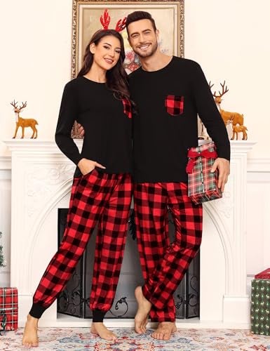 YOZLY Couples Matching Pajamas Sets Family Christmas Plaid Pajamas for Men Women Festival Party Pjs Set Black Red Plaid Large Men - Image 3