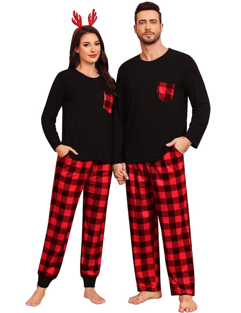 YOZLY Couples Matching Pajamas Sets Family Christmas Plaid Pajamas for Men Women Festival Party Pjs Set Black Red Plaid Large Men - Image 2
