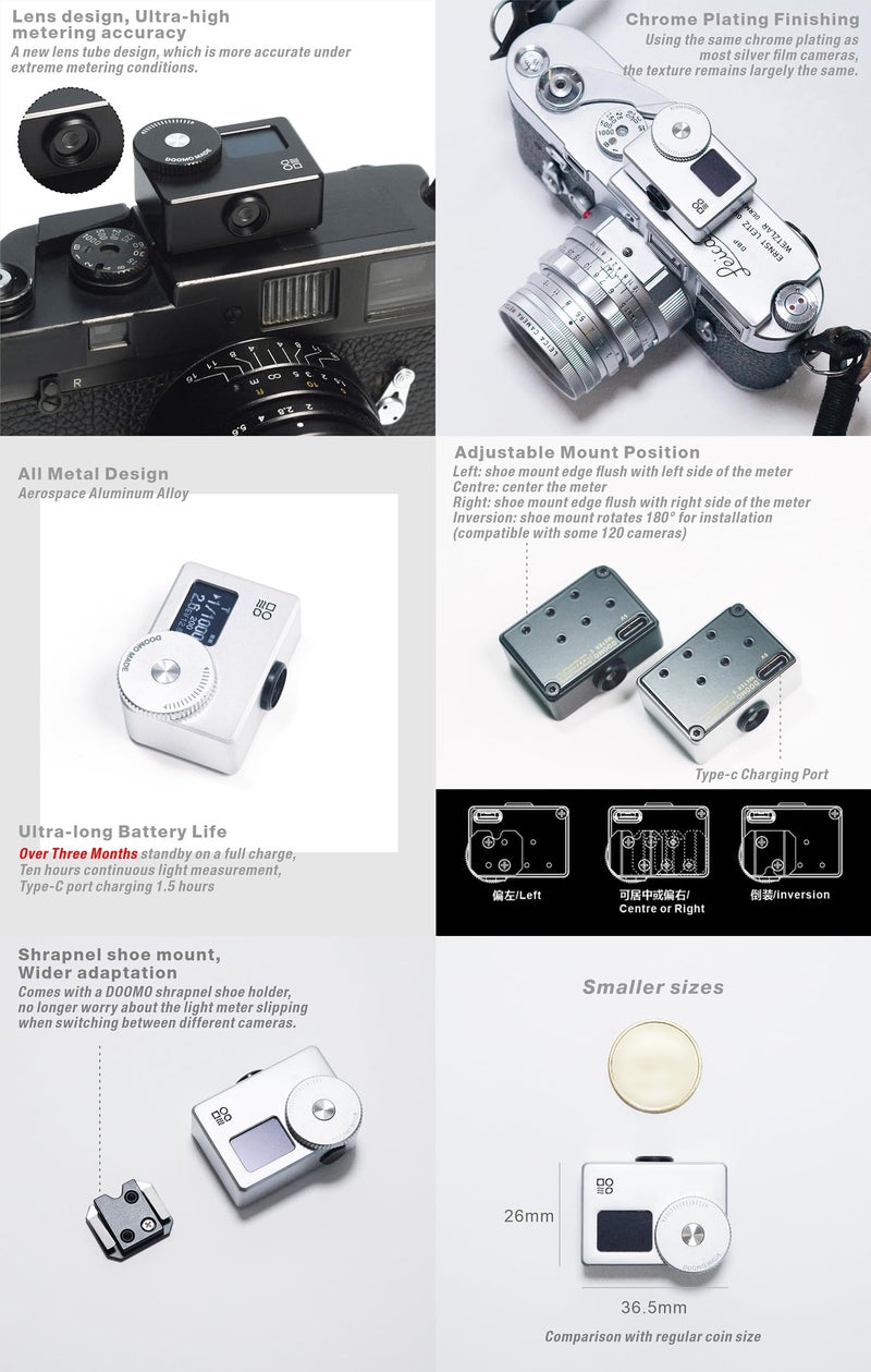 DOOMO MADE OLED Light Meter, Meter S, New Screen Design, Real-time Metering and One-Button Metering for Vintage Cameras (Chrome) - Image 5