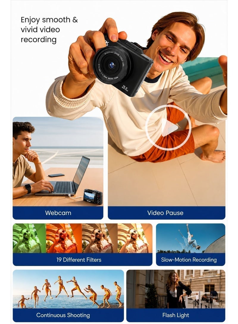 Yatao 5K Digital Camera 75MP for Photography, Point and Shoot Vlogging Camera with Autofocus, 18X Digital Zoom, 3-Inch 180° Flip Screen, WiFi, 2 Batteries and Charging Dock, Black - Image 4