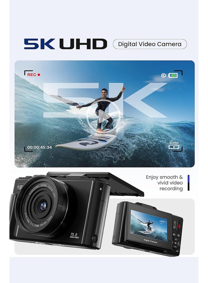 Yatao 5K Digital Camera 75MP for Photography, Point and Shoot Vlogging Camera with Autofocus, 18X Digital Zoom, 3-Inch 180° Flip Screen, WiFi, 2 Batteries and Charging Dock, Black - Image 5
