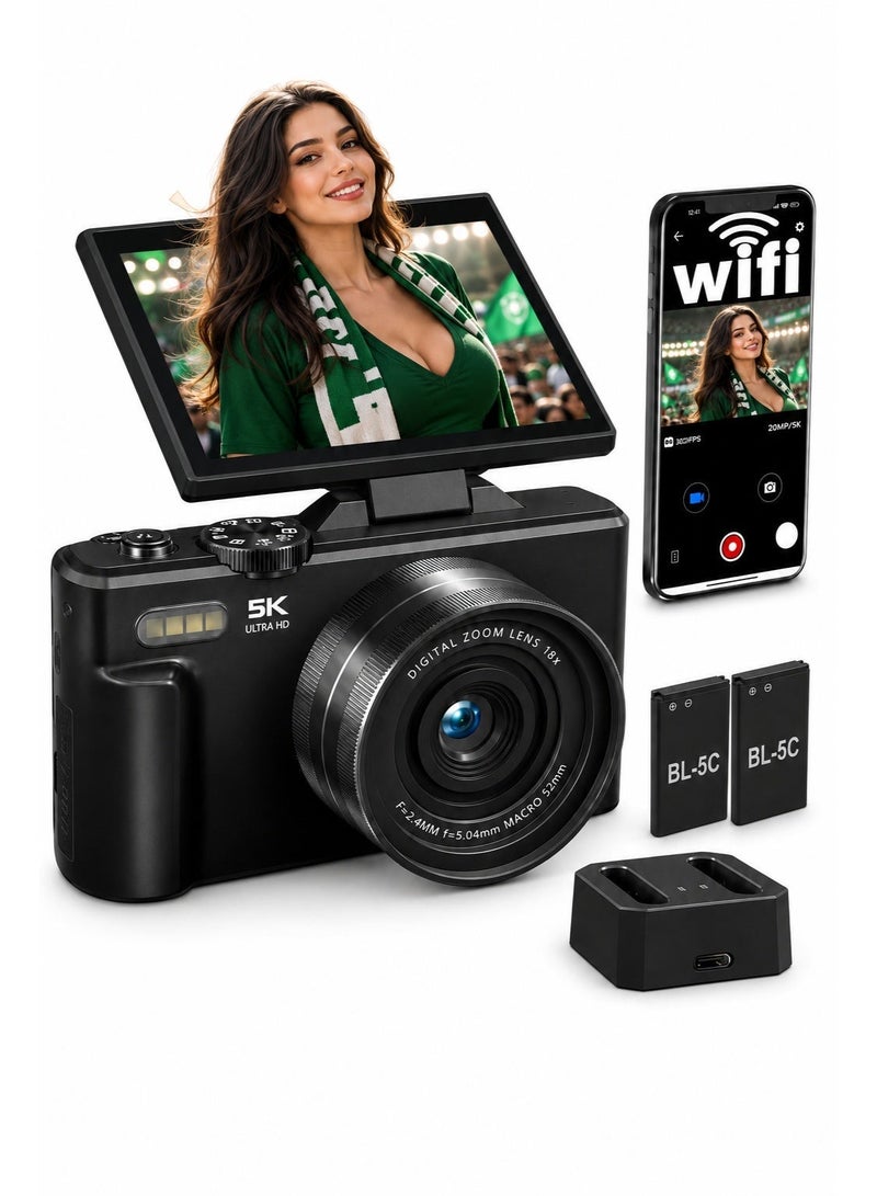 Yatao 5K Digital Camera 75MP for Photography, Point and Shoot Vlogging Camera with Autofocus, 18X Digital Zoom, 3-Inch 180° Flip Screen, WiFi, 2 Batteries and Charging Dock, Black - Image 1