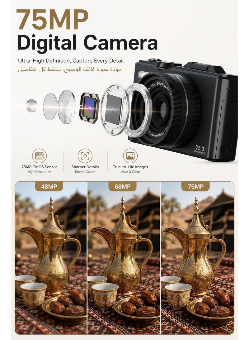Yatao 5K Digital Camera 75MP for Photography, Point and Shoot Vlogging Camera with Autofocus, 18X Digital Zoom, 3-Inch 180° Flip Screen, WiFi, 2 Batteries and Charging Dock, Black - Image 3