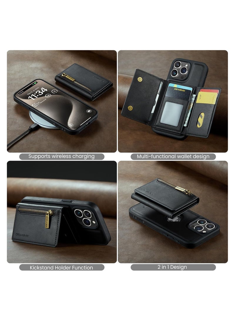 KASTWAVE Leather Wallet Phone Cases for iPhone 15 Pro, Azonee 6.1'' 2 in 1 Leather Phone Case Back Cover Magnetic Detachable with Trifold Wallet Card Holder Pocket Detachable Back Cover (Black) - Image 2