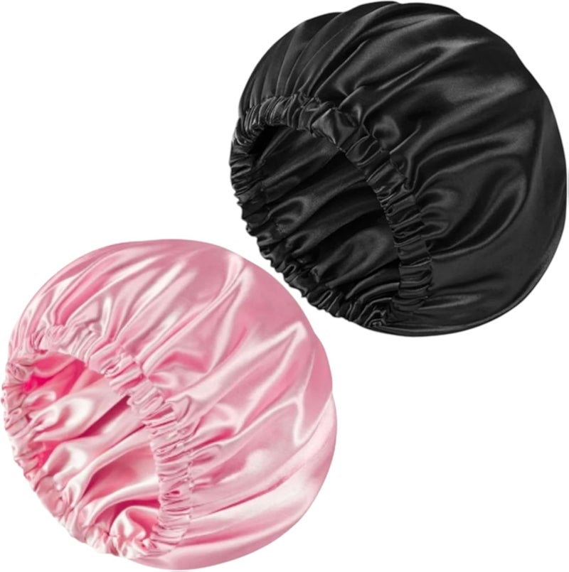 MZ Luxury Satin Sleep Bonnet, Double-Layer Design, Waterproof Shower Cap, 2-Pack Black and Pink, Non-Slip Elastic Band
