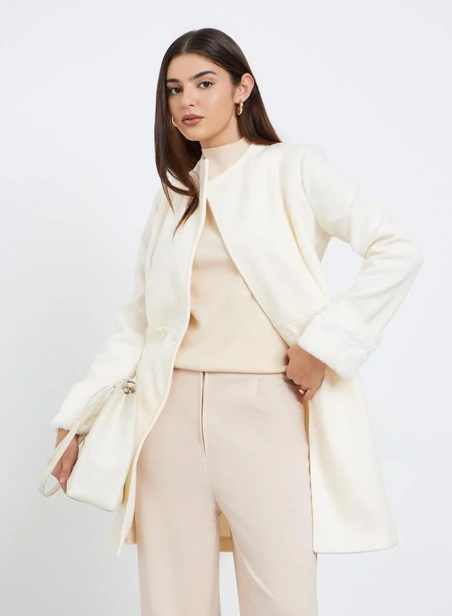 Styli Styli Off White Longline Wool Like Coat with Faux Fur Detail