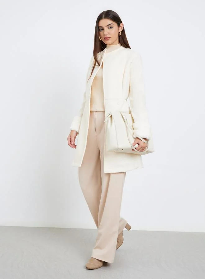 Styli Styli Off White Longline Wool Like Coat with Faux Fur Detail