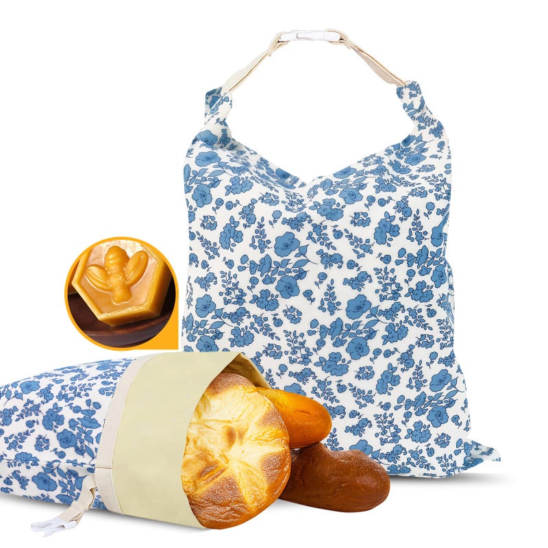 EHZYP 2 Pack Beeswax Bread Bags - 17x13 Inch Reusable Bread Storage Bags,Bees Wax Lined Bread Bags for Home Cooks fresh bread storage Easy Clean (Blue Floral) - Image 1