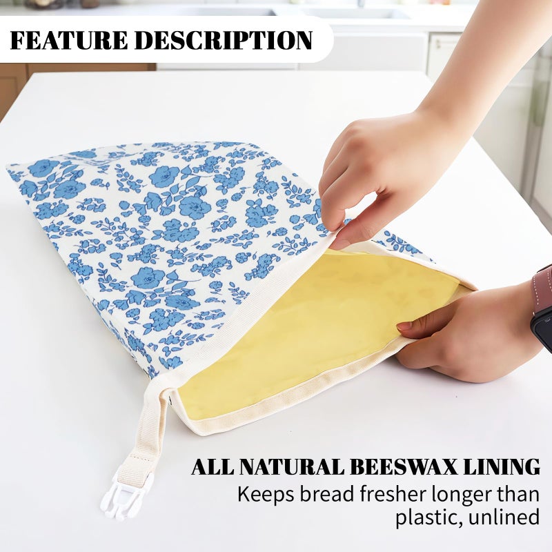 EHZYP 2 Pack Beeswax Bread Bags - 17x13 Inch Reusable Bread Storage Bags,Bees Wax Lined Bread Bags for Home Cooks fresh bread storage Easy Clean (Blue Floral) - Image 4