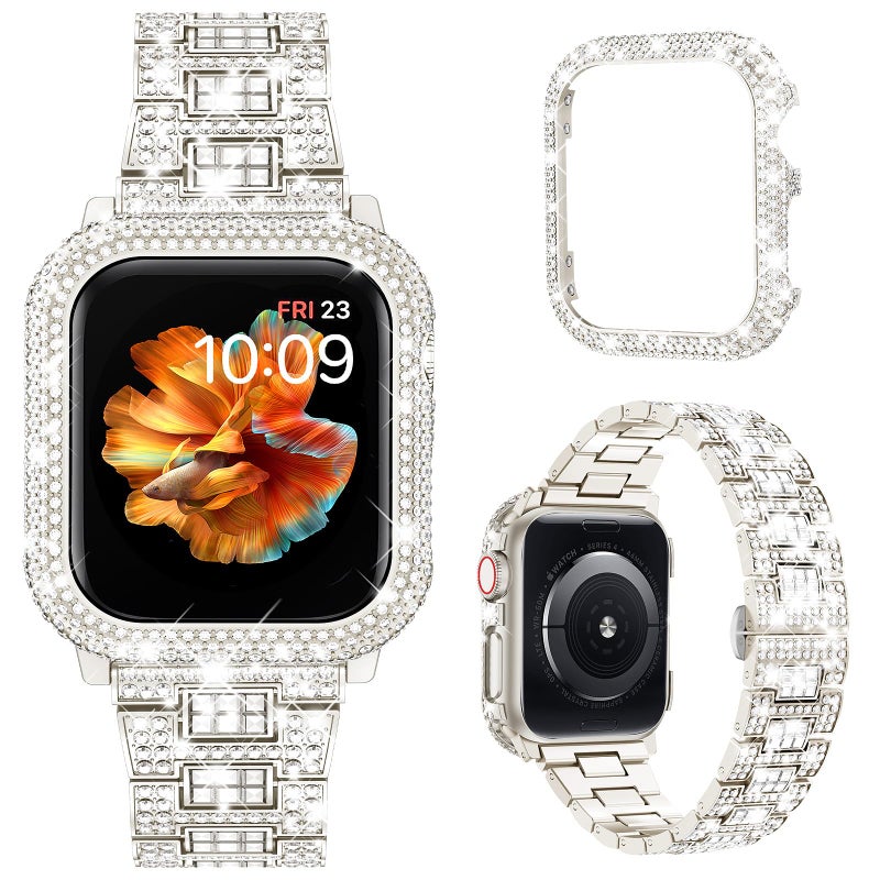 Mosonio Compatible with Apple Watch Band 40mm with Shiny Metal Case for Women, Bling Metal Wristband Strap with 1 Pack Shiny Metal Protective Cover for iWatch SE Series 6/5/4(Starlight, 40mm) - Image 1