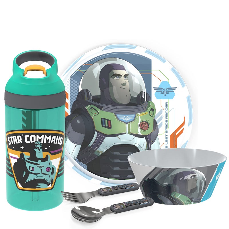 Zak Designs Zak Designs Disney and Pixar Lightyear  5Piece Dinnerware Set  Durable Plastic  Stainless Steel  Includes Water Bottle 8Inch Plate 6Inch Bowl Fork  Spoon  Suitable for Kids Ages 3 