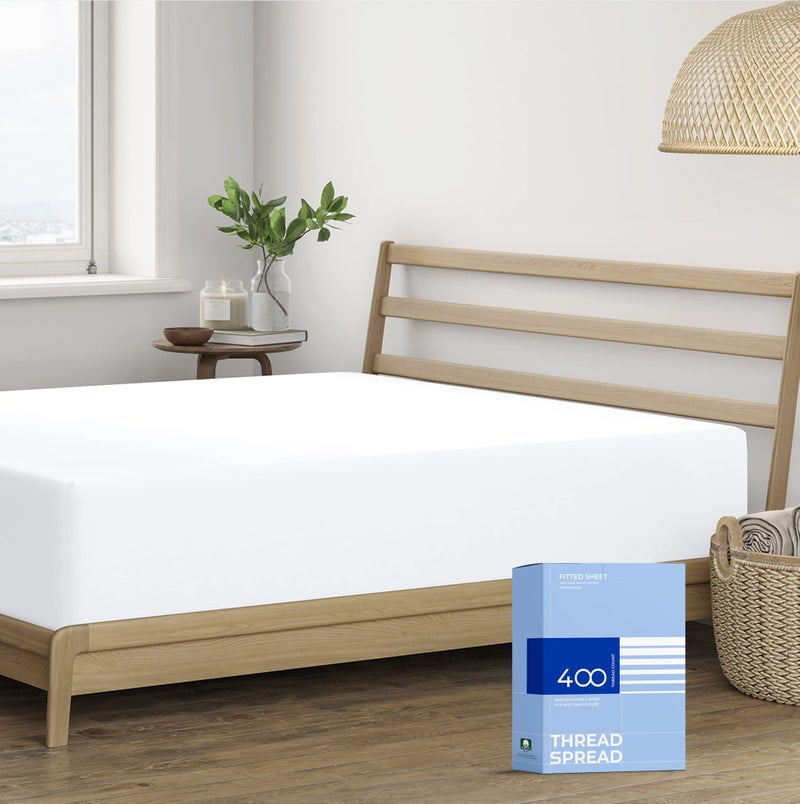 THREAD SPREAD 100% Cotton Fitted Sheet King Size - 400 Thread Count Fitted Sheet King Cotton Only, Luxuriously Soft, Durable, Cooling 16" Deep Pocket Sateen Weave Bottom, Luxury Hotel Quality - White - Image 1