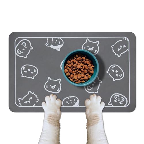 YCT Cat Food Mat for Pet Dog Food Mat, Cat Mat for Food and Water, Cat Feeding Mat Pet Dog Cat Bowl Mat, Non-Slip Super Absorbent, with Multiple cat Heads Logo，18.1 x 11.8 inches, Dark Grey - Image 1