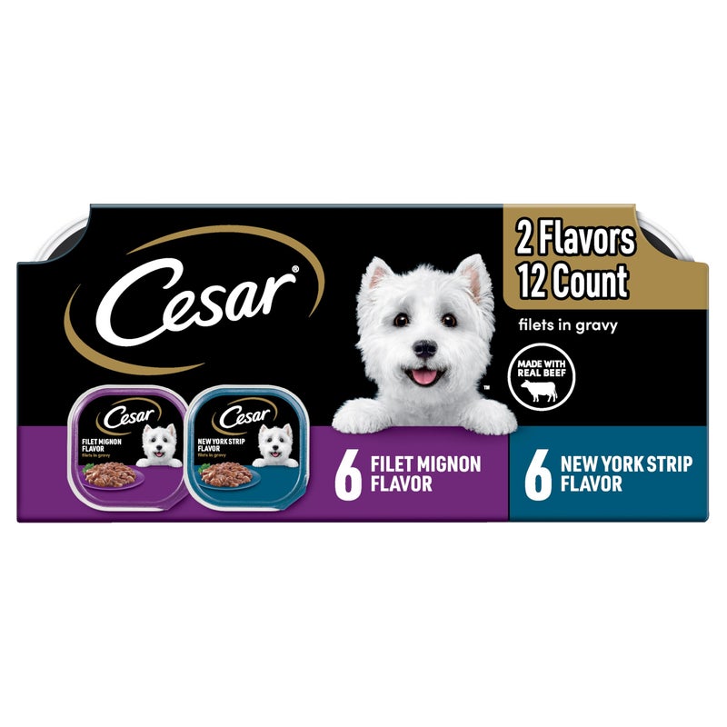 Cesar طعام الكلاب الرطب للبالغين من سيسار، عبوة متنوعة بنكهتي فيليه مينيون وستريب نيويورك، 3.5 أونصة. علب سهلة الفتح، عبوة متنوعة من 12 - Image 1