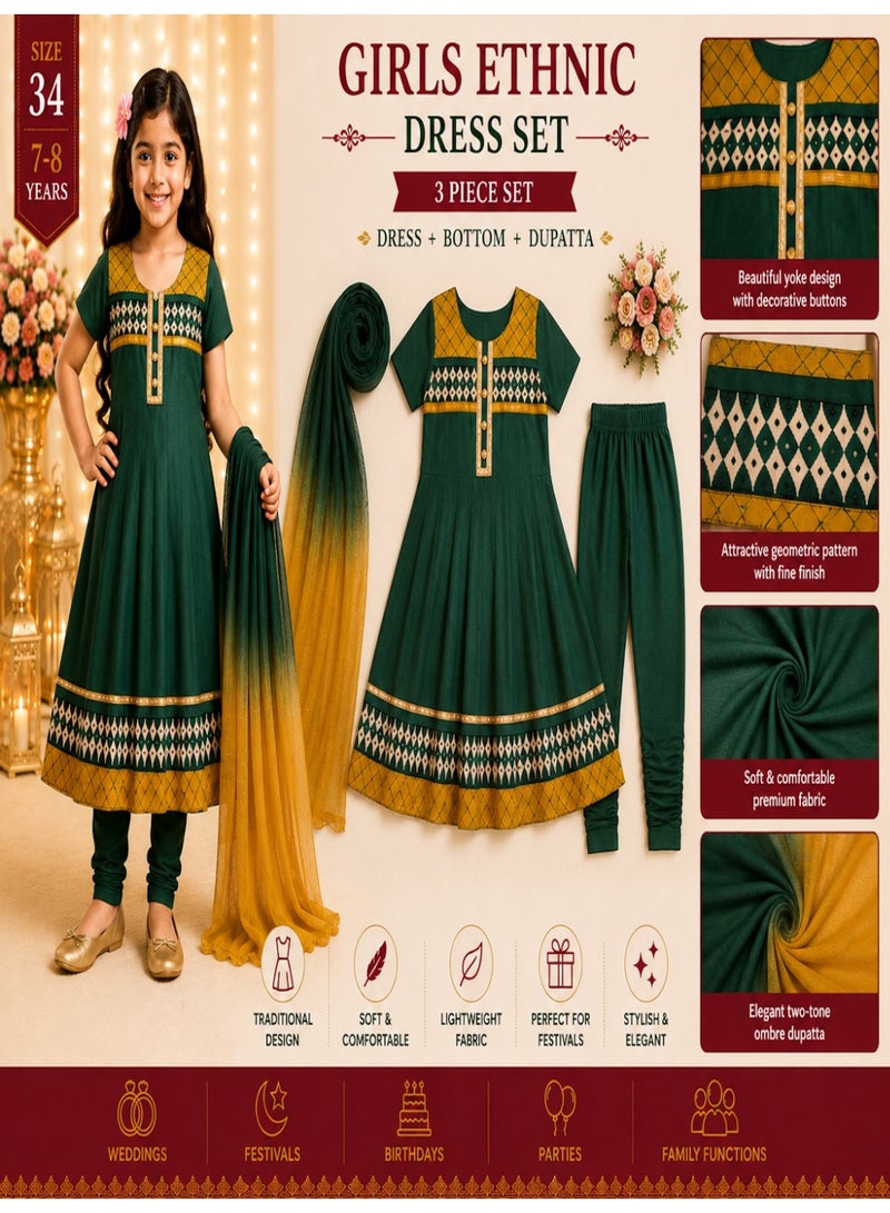 JOLLITY LLC Girls Ethnic Dress Age 7-8 Years Set Green & Mustard Traditional Party Wear 3 Piece Set with Dupatta, Size 34 - Image 2