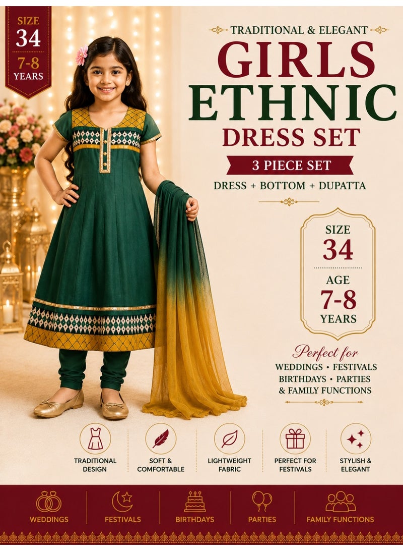 JOLLITY LLC Girls Ethnic Dress Age 7-8 Years Set Green & Mustard Traditional Party Wear 3 Piece Set with Dupatta, Size 34 - Image 1