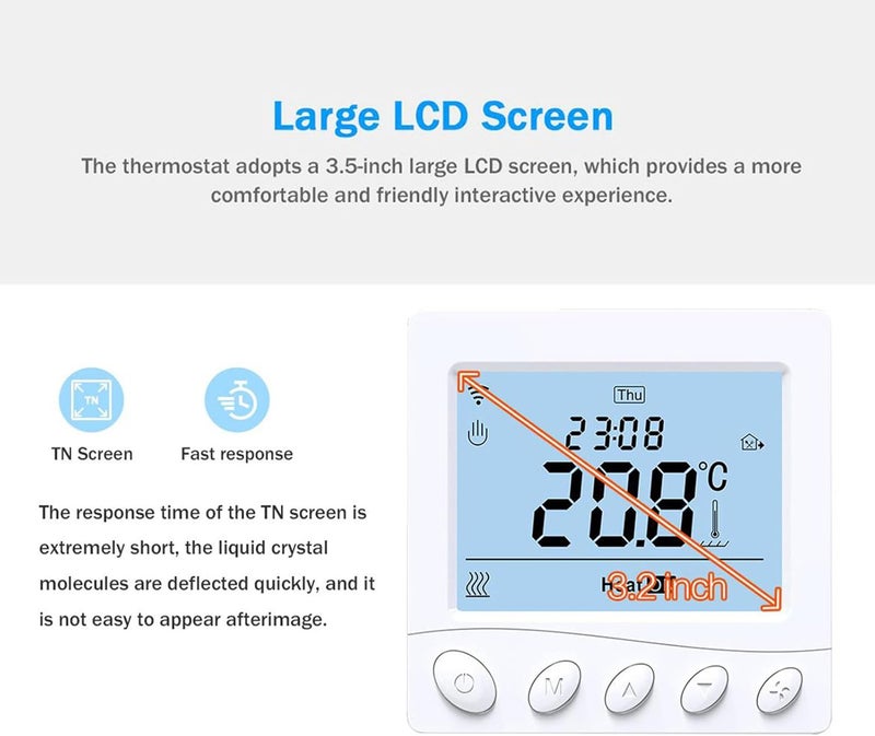 سخان كهربائي ذكي بترموستات 16 أمبير مع شاشة عرض LCD بحجم 3.2 بوصة - ترموستات قابل للبرمجة عبر الواي فاي، يدعم التحكم الصوتي وعبر التطبيقات، ويوفر في استهلاك الطاقة للتدفئة المنزلية (النوع 2) - Image 3