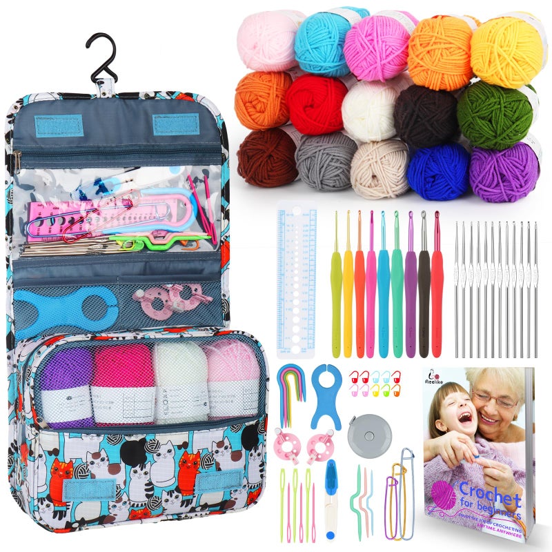 Aeelike Crochet Kit for Beginners with 15 Colors Yarn and Introduction Book, 71pcs Crochet Starter Kit Everything for Adult, Learn to Crochet Kit with Soft Grip Crochet Hooks and Blue Cat Bag - Image 1