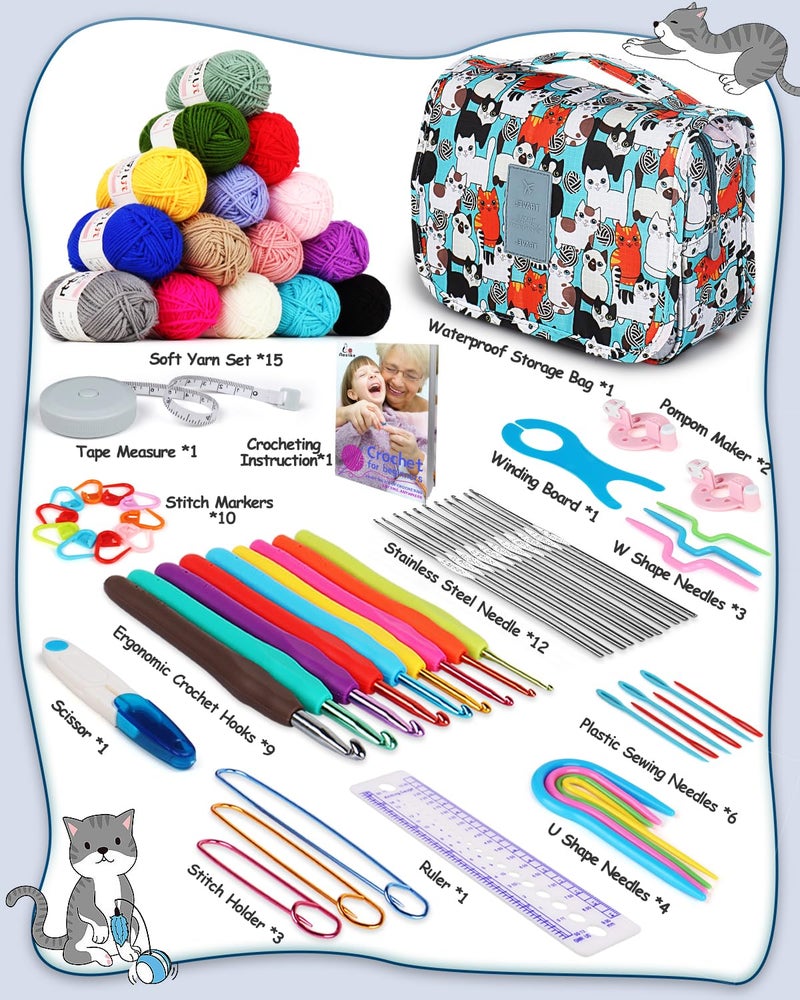 Aeelike Crochet Kit for Beginners with 15 Colors Yarn and Introduction Book, 71pcs Crochet Starter Kit Everything for Adult, Learn to Crochet Kit with Soft Grip Crochet Hooks and Blue Cat Bag - Image 3