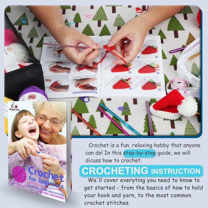Aeelike Crochet Kit for Beginners with 15 Colors Yarn and Introduction Book, 71pcs Crochet Starter Kit Everything for Adult, Learn to Crochet Kit with Soft Grip Crochet Hooks and Blue Cat Bag - Image 2
