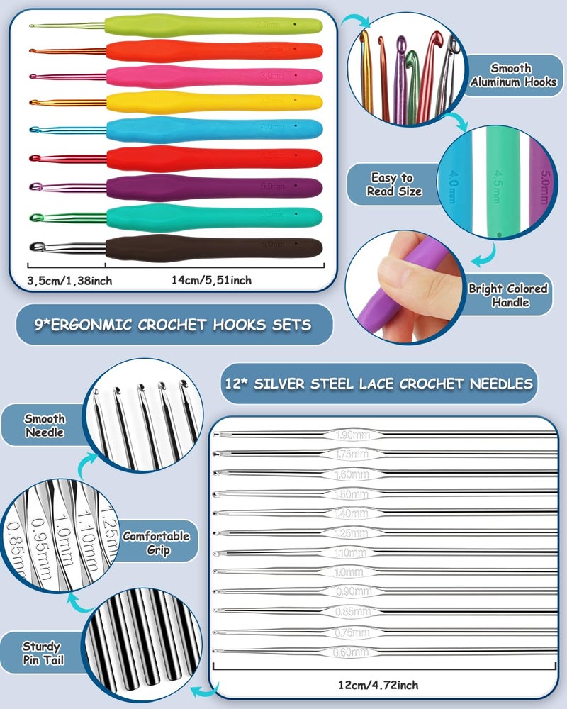 Aeelike Crochet Kit for Beginners with 15 Colors Yarn and Introduction Book, 71pcs Crochet Starter Kit Everything for Adult, Learn to Crochet Kit with Soft Grip Crochet Hooks and Blue Cat Bag - Image 5