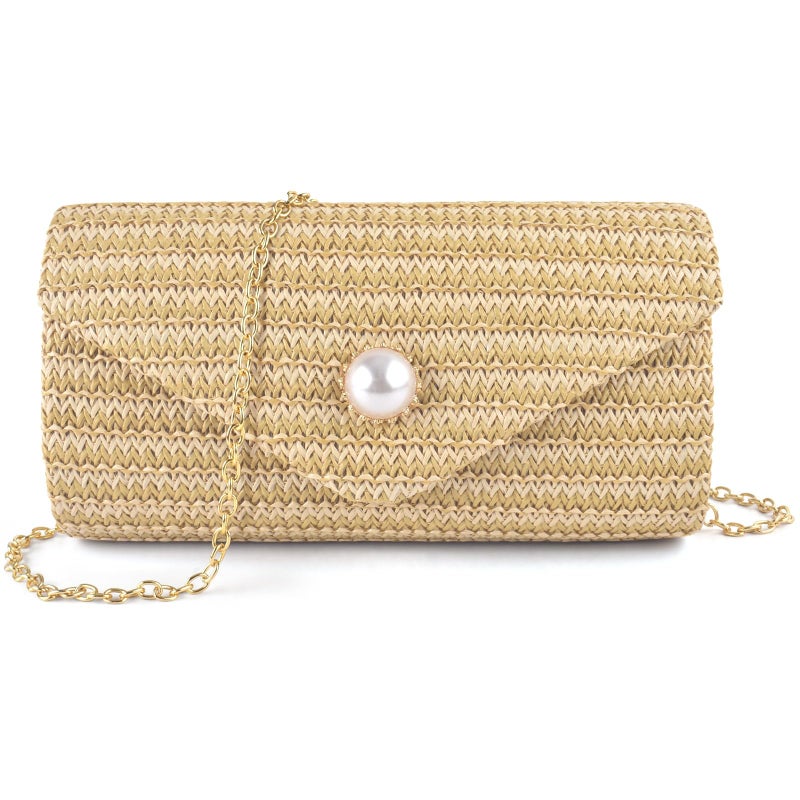 PACETAP Straw Clutch Purse for Women, Pearl Decoration Boho Crossbody Bags Handbags for Beach Travel Vacation Party Prom - Image 1
