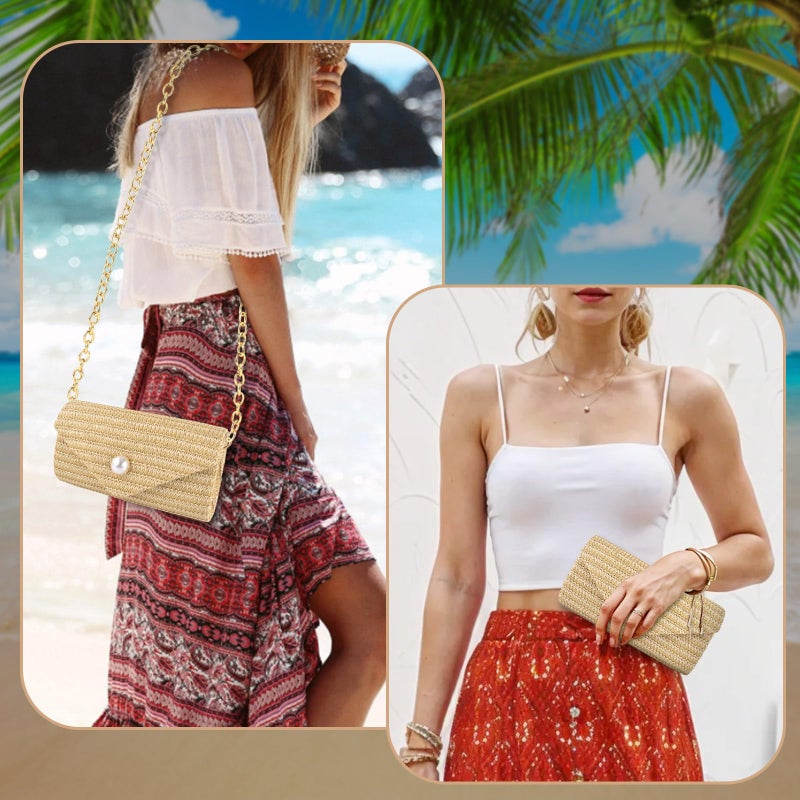 PACETAP Straw Clutch Purse for Women, Pearl Decoration Boho Crossbody Bags Handbags for Beach Travel Vacation Party Prom - Image 2