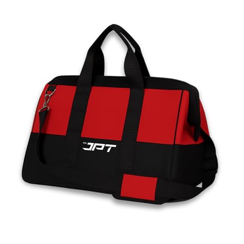 JPT 18-Inch Heavy Duty Tool Bag, Wide Mouth Tool Storage Bag with Interior Pockets, Large Capacity Tool Tote Bag for Electricians, Power Tools Organizer Red/Black - Image 1