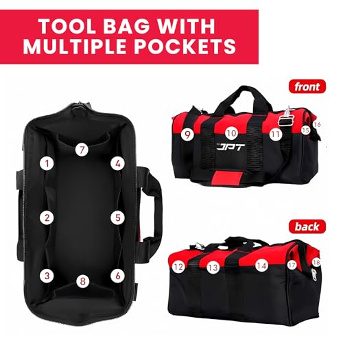JPT 18-Inch Heavy Duty Tool Bag, Wide Mouth Tool Storage Bag with Interior Pockets, Large Capacity Tool Tote Bag for Electricians, Power Tools Organizer Red/Black - Image 2
