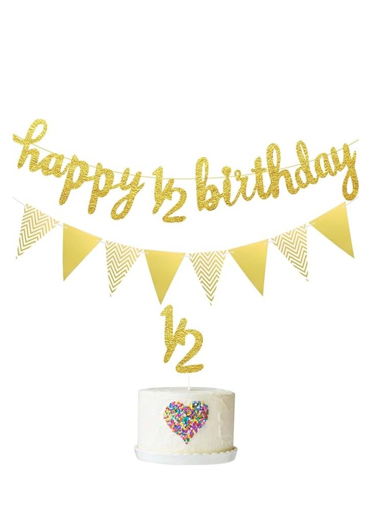 3 Pcs Half Birthday Decorations Set Include 6 Months Happy 1/2 Birthday Banner, Glitter 1/2 Half Year Cake Topper, Triangle Flag Banner for Baby Shower Party Photoshoot Props, Pre-strung(Gold) - Image 1