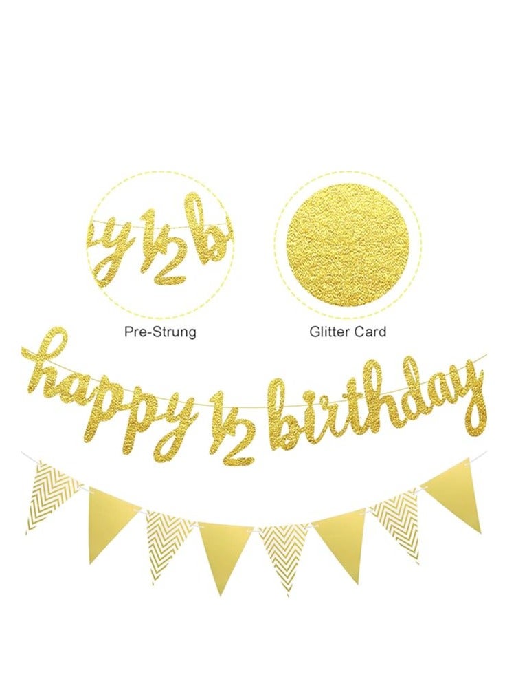 3 Pcs Half Birthday Decorations Set Include 6 Months Happy 1/2 Birthday Banner, Glitter 1/2 Half Year Cake Topper, Triangle Flag Banner for Baby Shower Party Photoshoot Props, Pre-strung(Gold) - Image 2