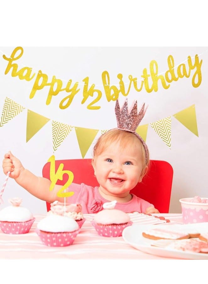 3 Pcs Half Birthday Decorations Set Include 6 Months Happy 1/2 Birthday Banner, Glitter 1/2 Half Year Cake Topper, Triangle Flag Banner for Baby Shower Party Photoshoot Props, Pre-strung(Gold) - Image 3