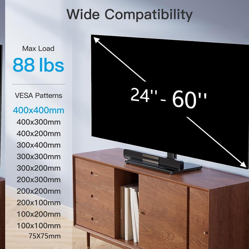 PERLESMITH Universal Swivel TV Stand Legs for 24-60 inch LCD LED TVs, Height Adjustable Television Mount Stand with Tempered Glass Base, Universal VESA Mount 400Ã—400mm, Holds up to 88lbs, PSTVS09 - Image 2