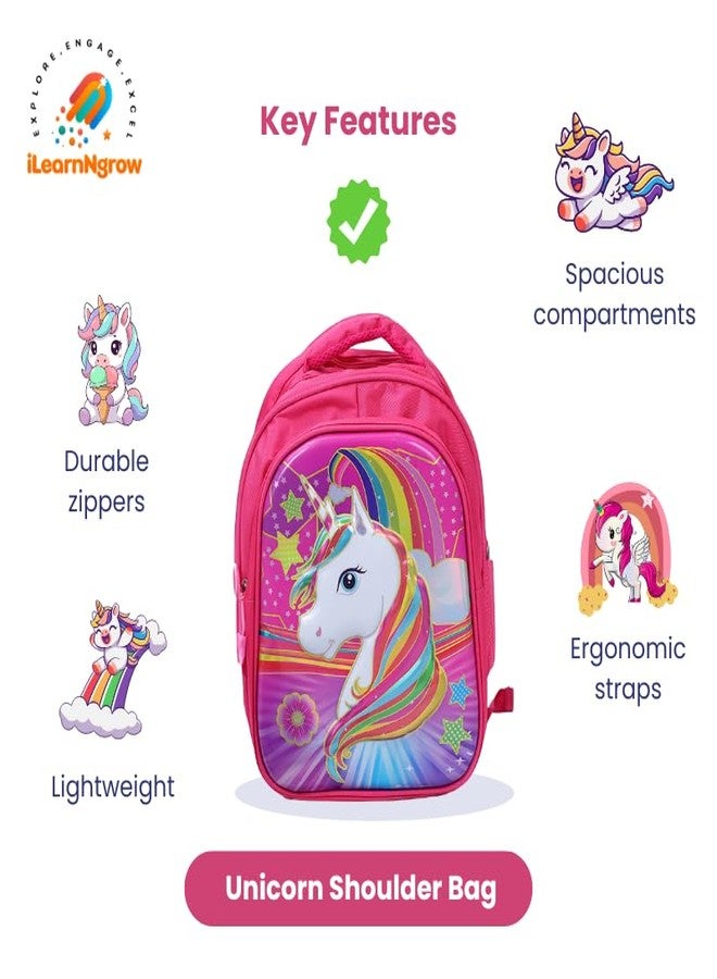 ILEARNNGROW Kids Shoulder Bag for Girls & Boys | Lightweight Sling Bag for School, Travel & Picnic | Cute Cartoon Design | Adjustable Strap | Durable & Spacious (Unicorn Pink) - Image 3