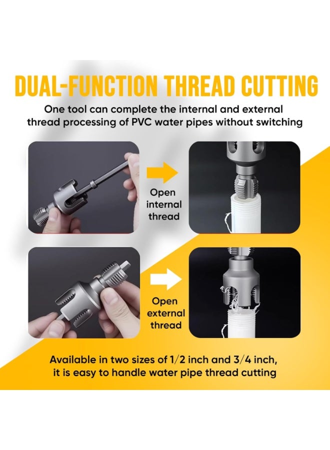 2PCS Integrated Internal & External Pipe Threading Tool with 1/2'' & 3/4'' Dies, Electric Drill Compatible 2 in 1 Pvc Pipe Threader Kit, Dual-Function Pipe Thread Cutting Tool - Image 5