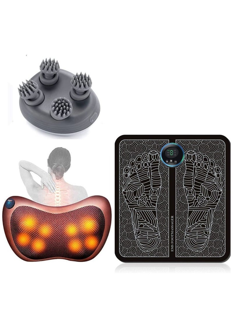 Prime by javaudan Electric Scalp Massager Portable Waterproof for Hair Growth with 4 Heads + Massage Pillow with 8 Heads Heater Neck  Body Electric Massager + Electric Leg Foot Muscle Stimulator Mat EMS Foot Massager - Image 1