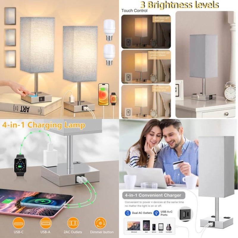 2PCS Touch Bedside Table Lamps, 3-Way Dimmable with USB A + Type C Charging Ports and Two AC Outlets, Square Desk Light with E26 LED Bulb for Bedroom Living Room Dorm Office Grey - Image 1