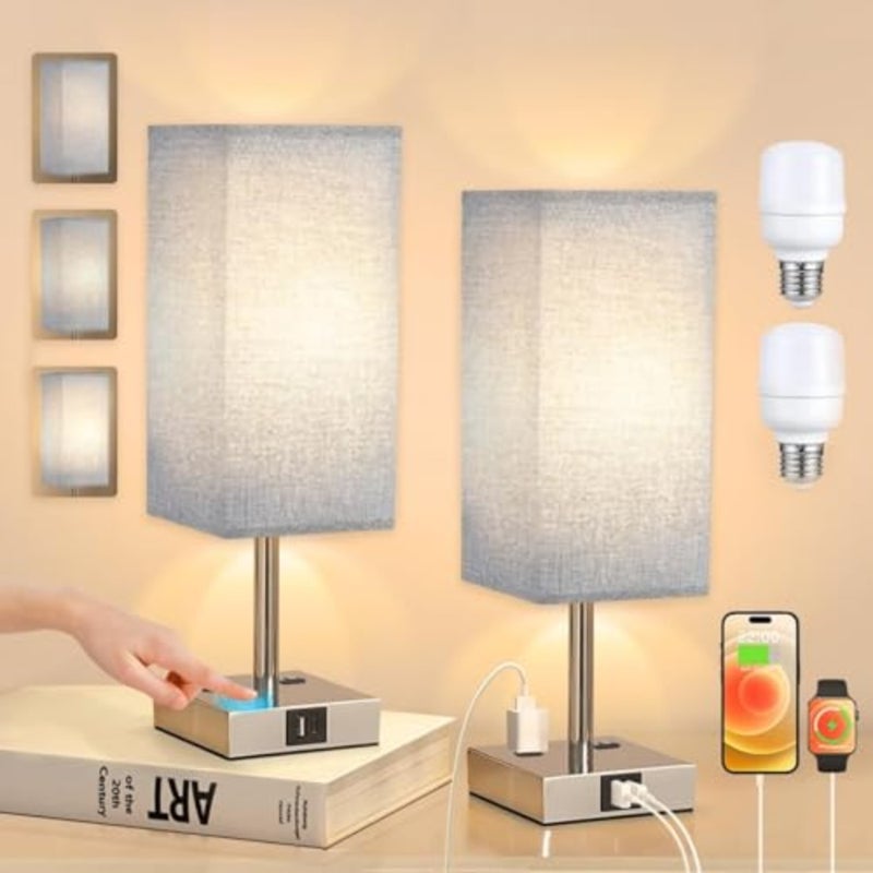 2PCS Touch Bedside Table Lamps, 3-Way Dimmable with USB A + Type C Charging Ports and Two AC Outlets, Square Desk Light with E26 LED Bulb for Bedroom Living Room Dorm Office Grey - Image 2